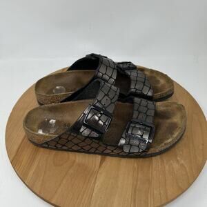 Birkenstock Sandals Women 9 Arizona Gator Gleam Slide Black Metallic Summer Chic